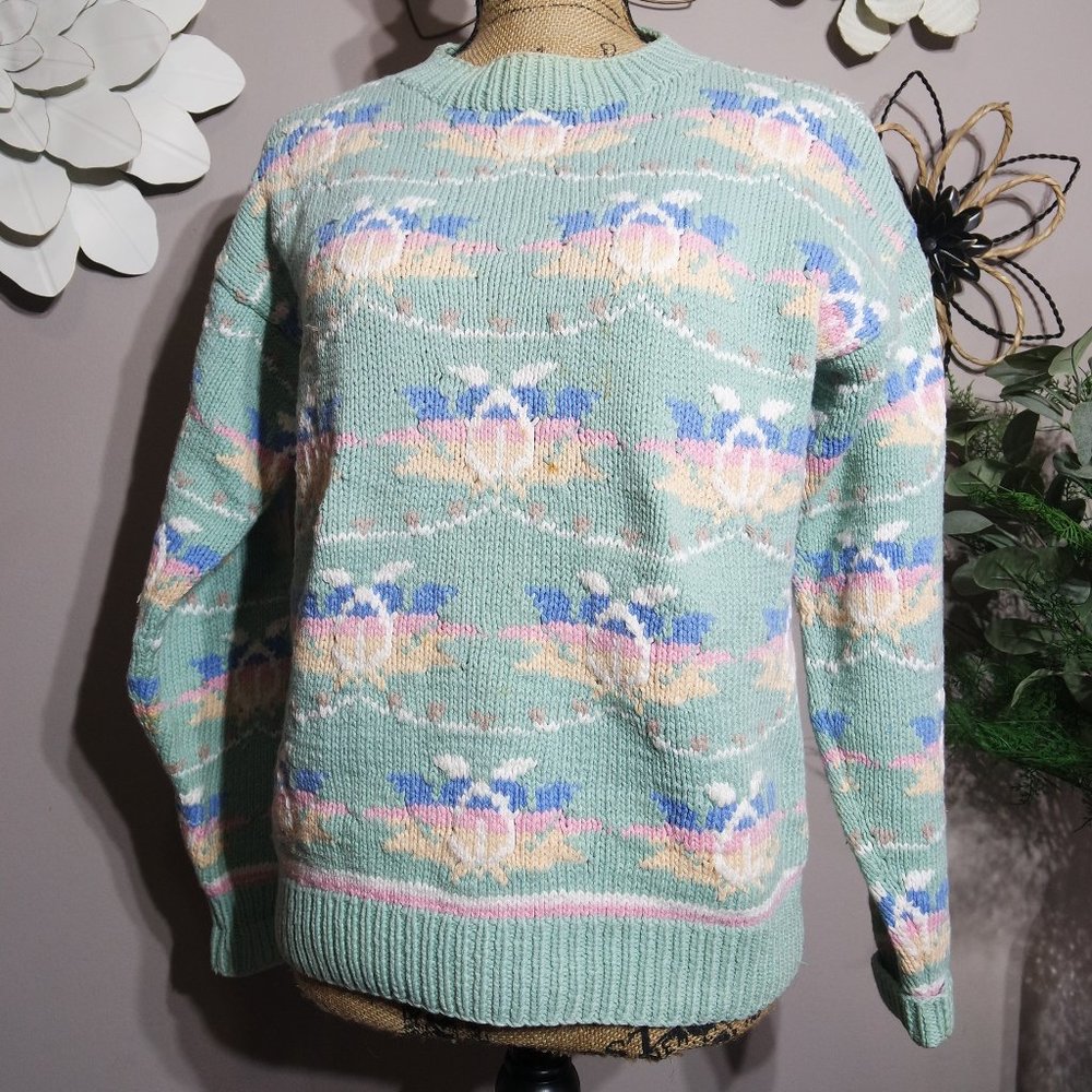 Vintage IZOD CLUB Womens Hand Knit 100% Cotton Pastel Crewneck Pullover Sweater